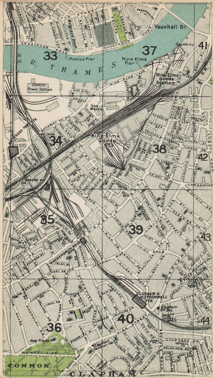 LONDON S. Clapham North Stockwell Wandsworth Road 9 Elms Battersea Park 1935 map